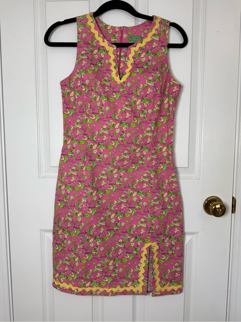 Vintage Tibi Green Label Y2k Crane Chinoiserie Shift Dress Rickrack Trim Size 8